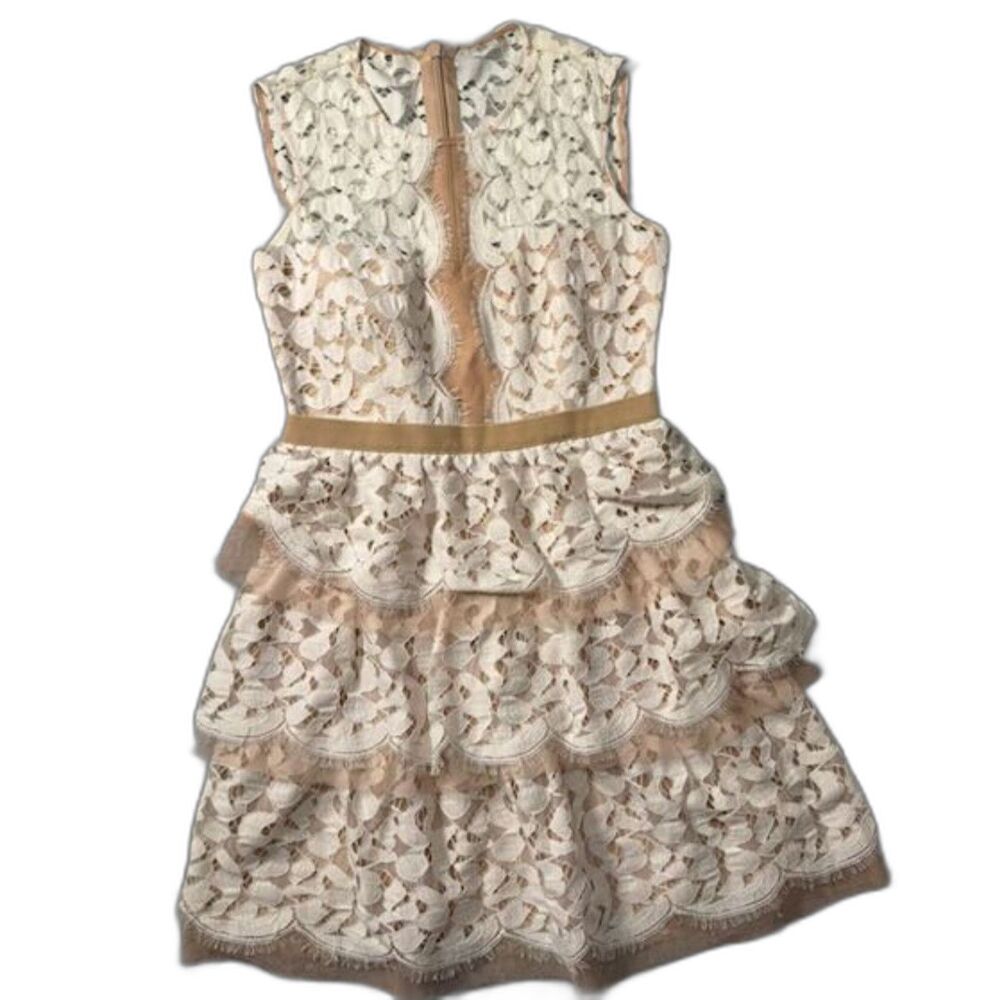 Sophea Lace Cocktail Dress Women's 2 Ivory Nude Tiered Eyelash Lace Party
